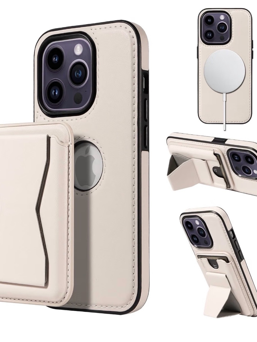 Cream Leather 2-in-1 Phone Case with Magnetic Card Holder & Stand